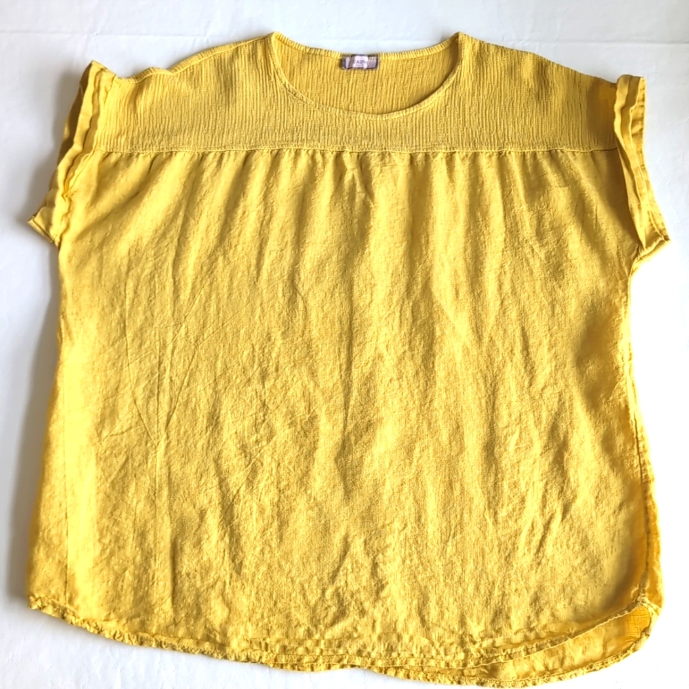 Saiph Mustard Yellow Linen Italian Made Short Sleeved Tunic Top Women's Size L